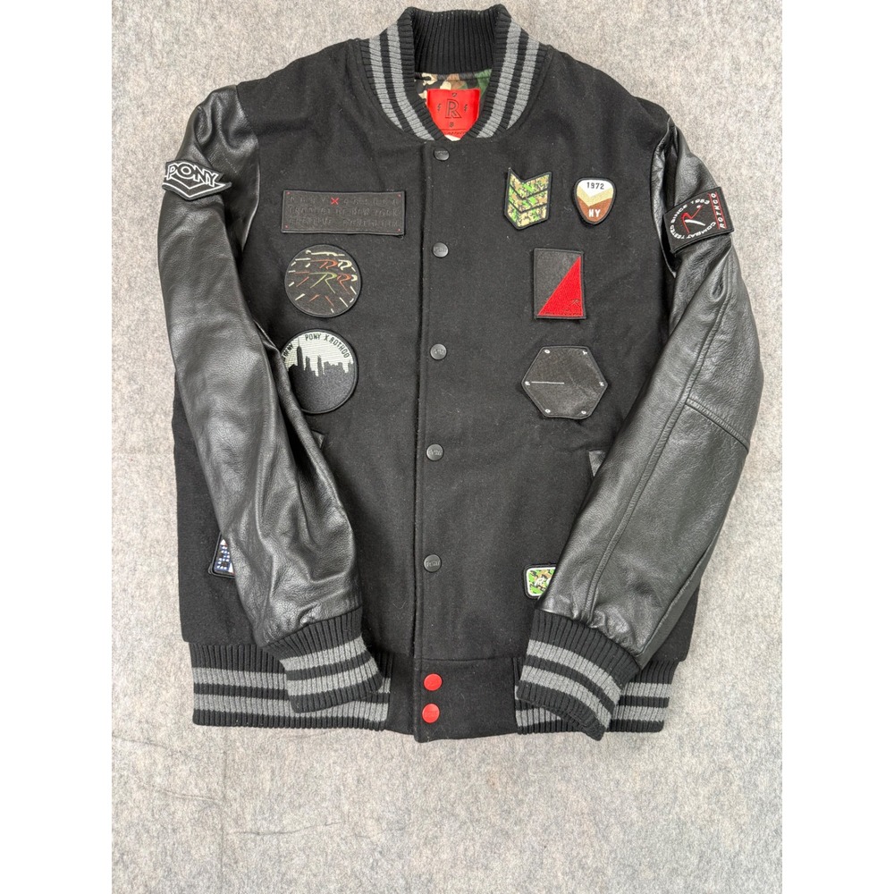 PONY Rothco Varsity Jacket Men L Black Wool Faux Leather Patch Bomber Streetwear
